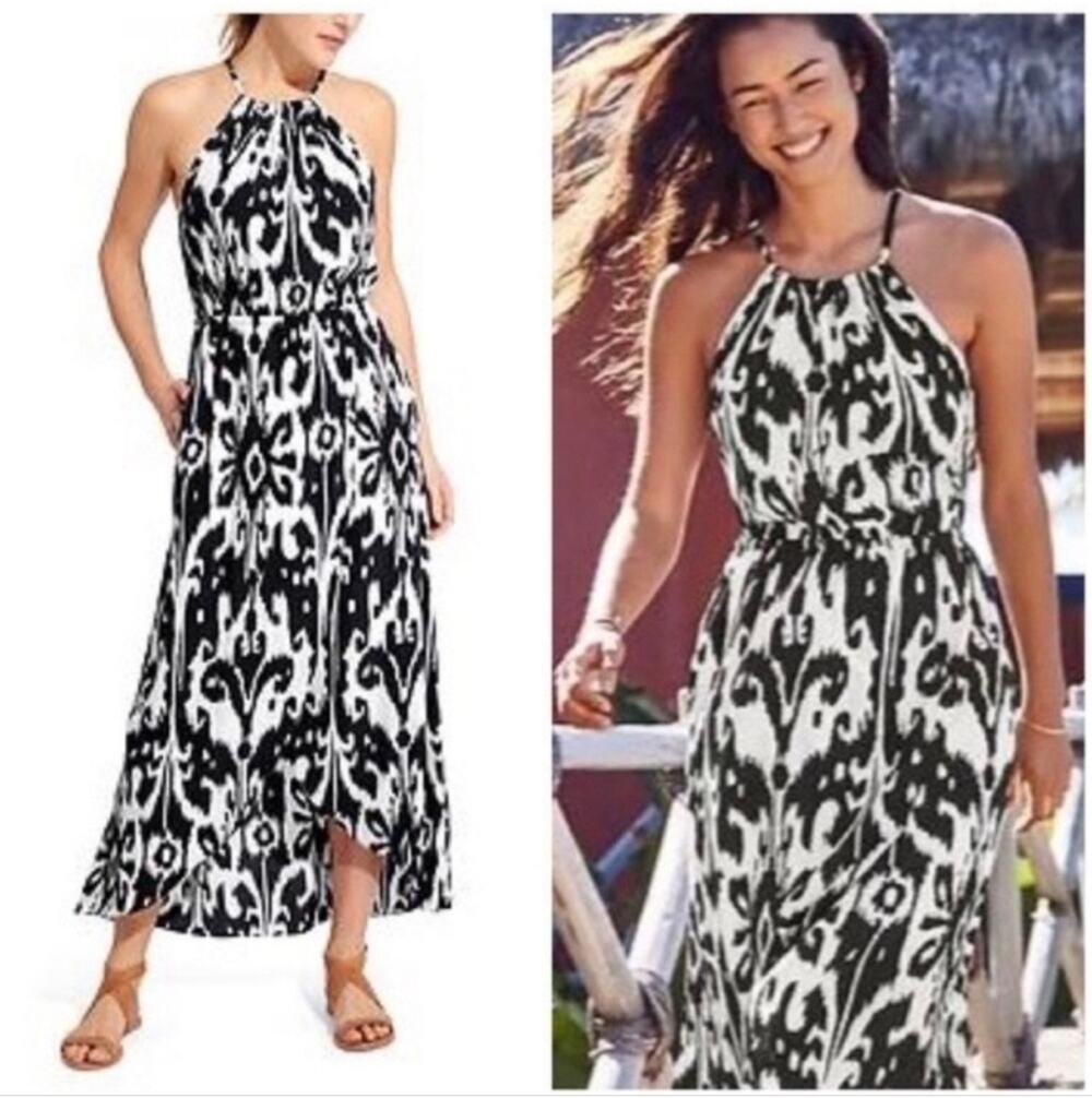 Athleta Women's Black & White Ikat Bloom Ripple Maxi Dress Size Medium